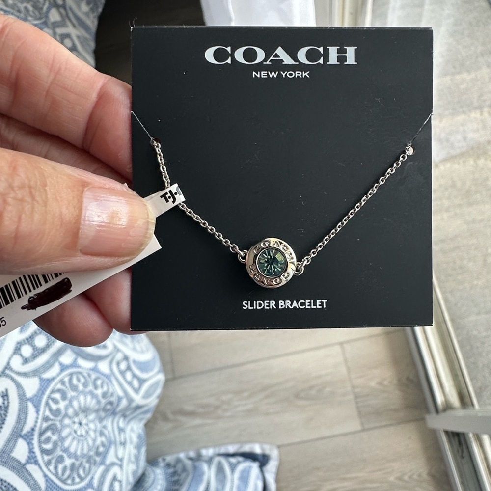 NWT & Gift Bag COACH Silver-Tone Slider Bracelet with Blue Crystal Accent
